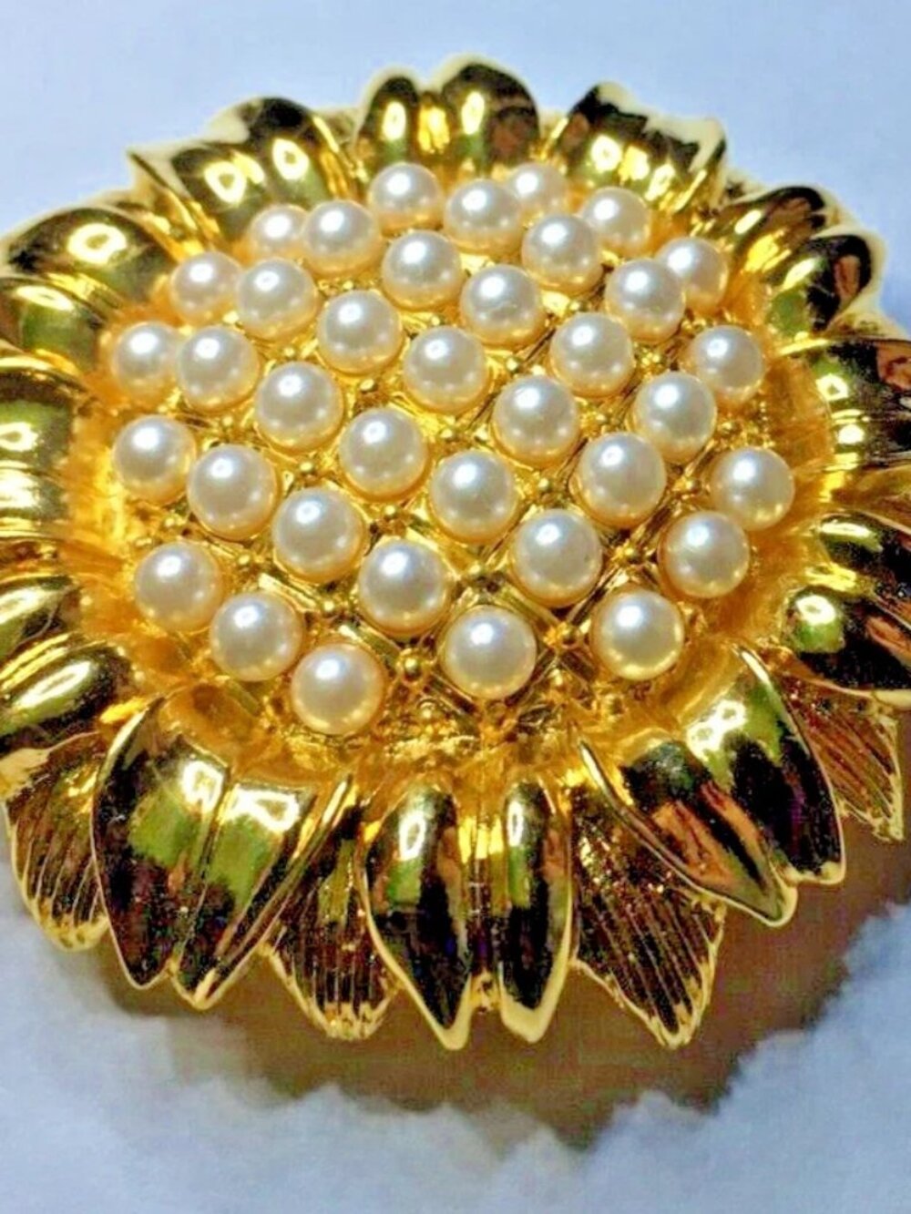 Vintage Signed Modo Gold Sunflower STATEMENT Pendant- Brooch Pin Faux Pearls